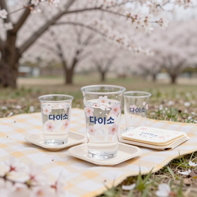 다이소 벚꽃 클리어 컵과 종이접시 세트가 놓인 봄 피크닉 장면