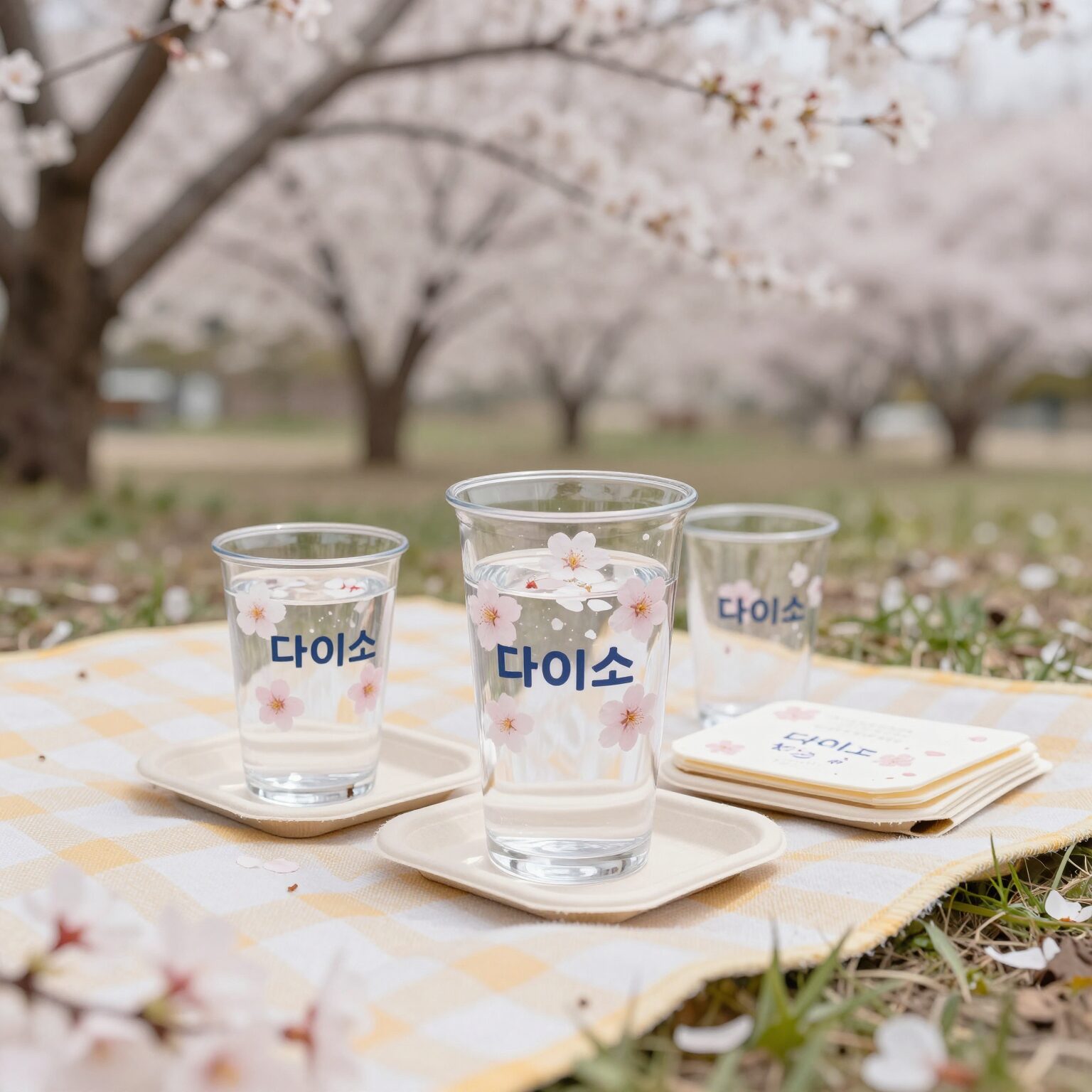 다이소 벚꽃 클리어 컵과 종이접시 세트가 놓인 봄 피크닉 장면