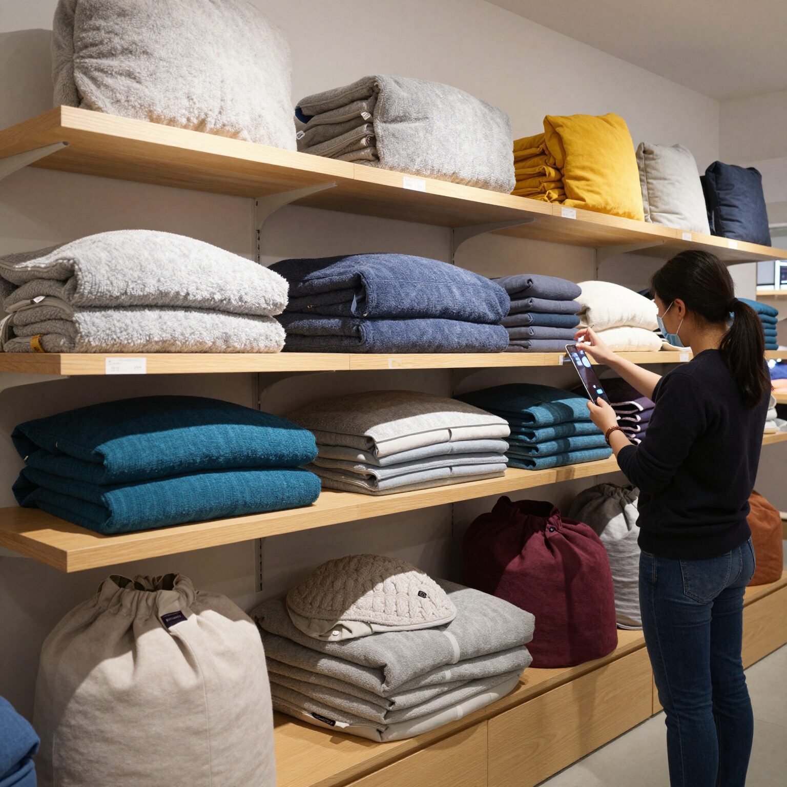 다이소 매장 내 진열된 다양한 색상과 디자인의 돗자리들