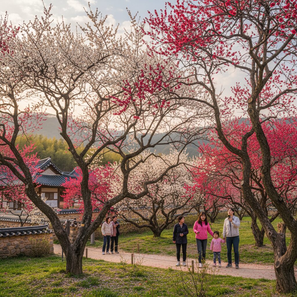 담양 매화축제장에서 핀 하얀 백매화와 붉은 홍매화가 어우러진 봄 풍경