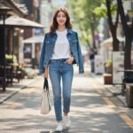 흰색 티셔츠와 데님 팬츠에 여성청자켓을 걸친 캐주얼 데일리 코디