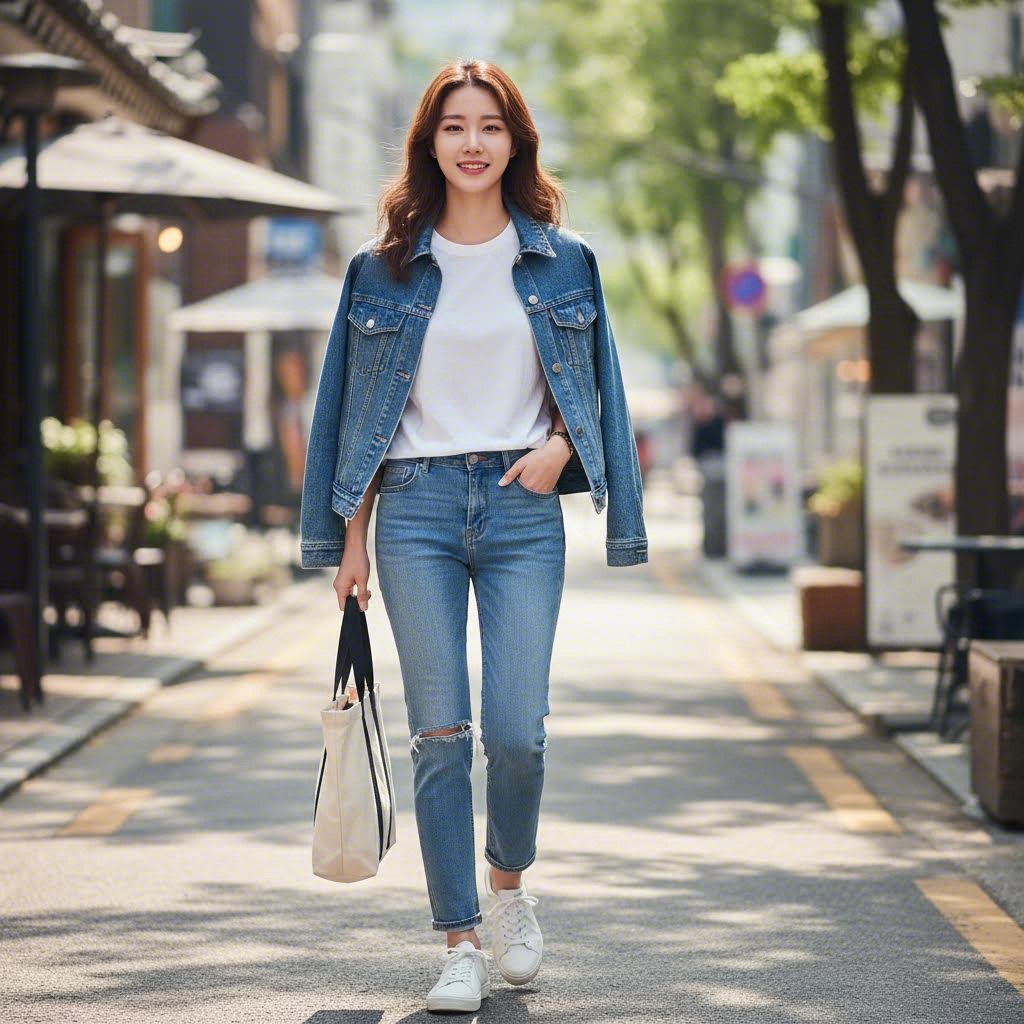 흰색 티셔츠와 데님 팬츠에 여성청자켓을 걸친 캐주얼 데일리 코디