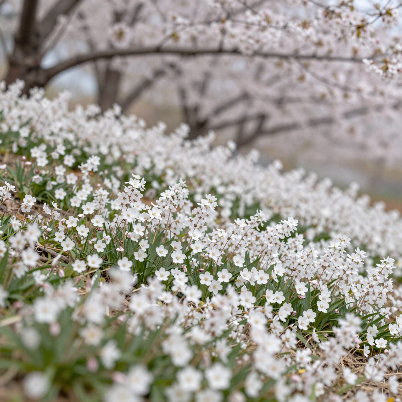 봄에 흰색과 연분홍 꽃을 피운 돌단풍 야생화