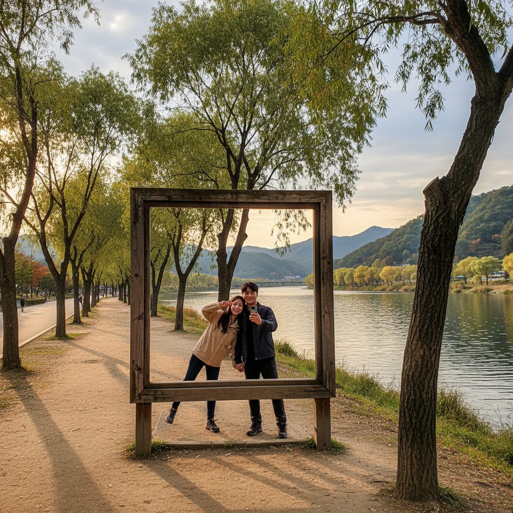 두물머리 강변 산책로와 액자 포토존