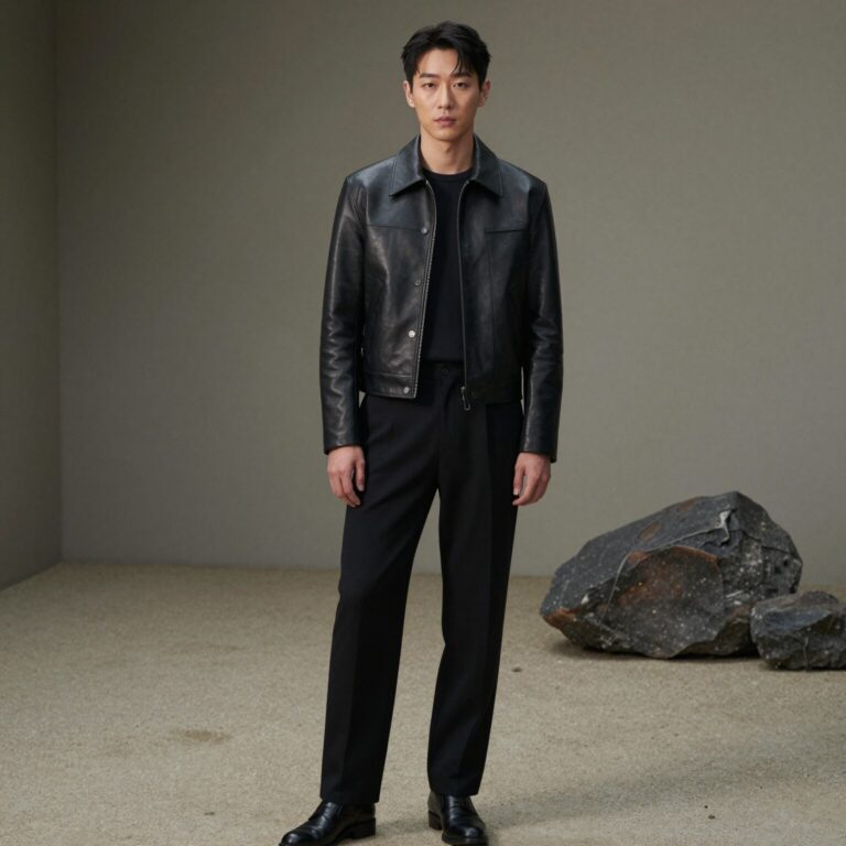 에고이스트 크롭 가죽자켓을 블랙 원피스에 매치한 세미 포멀 스타일링