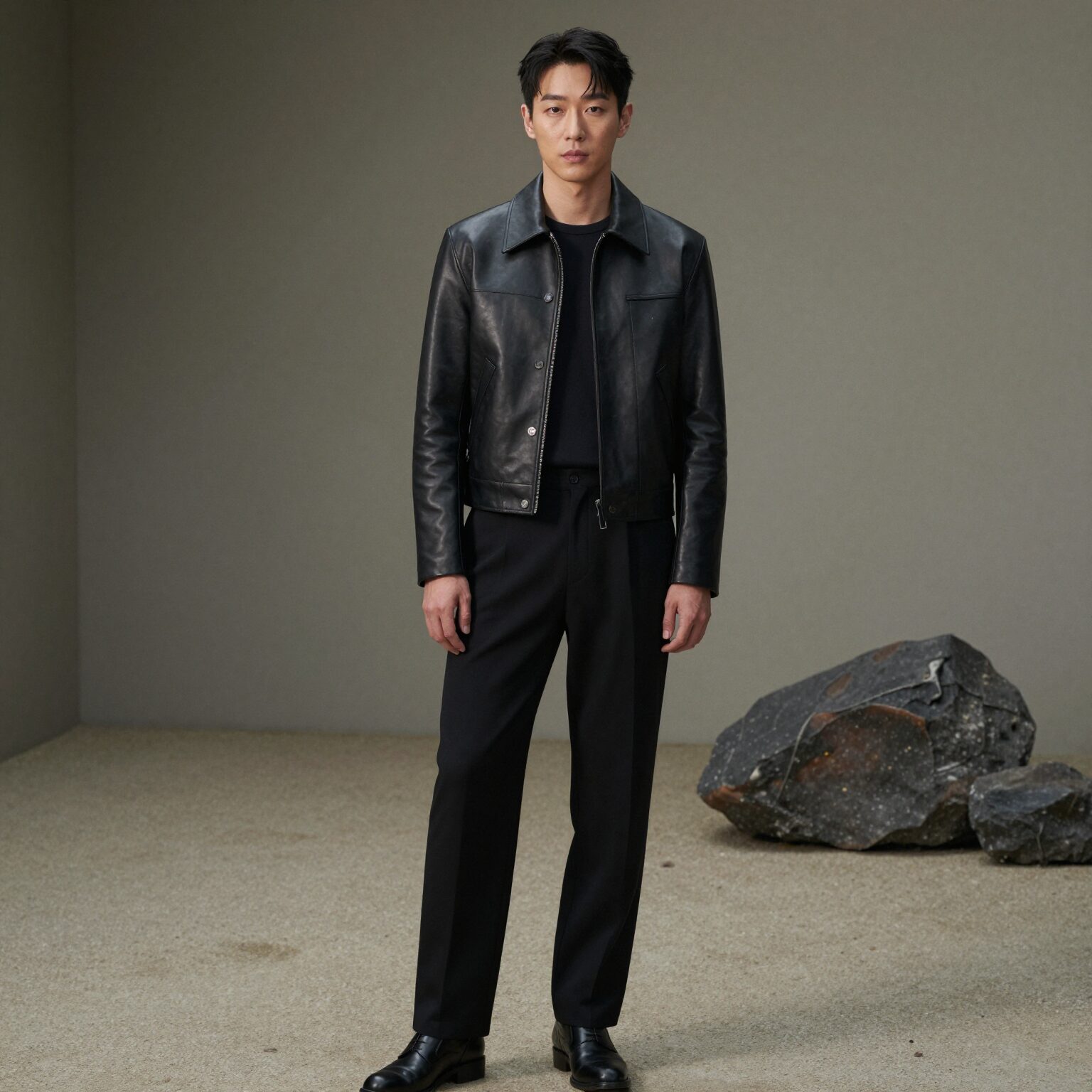 에고이스트 크롭 가죽자켓을 블랙 원피스에 매치한 세미 포멀 스타일링