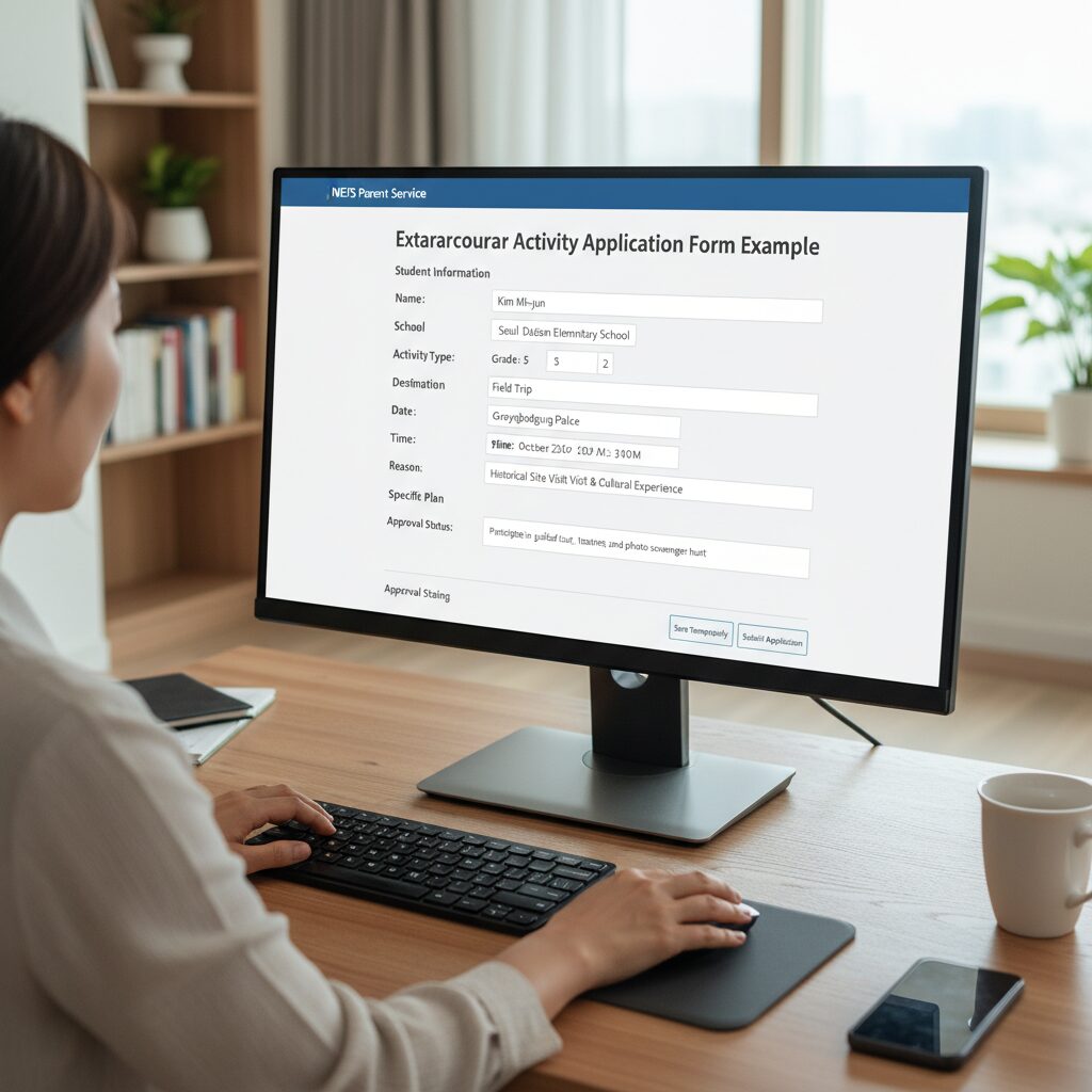나이스 학부모서비스 화면에서 교외체험학습 신청서 작성 예시