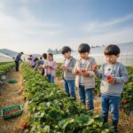 딸기 농장에서 아이들이 컵에 딸기를 따고 있는 모습