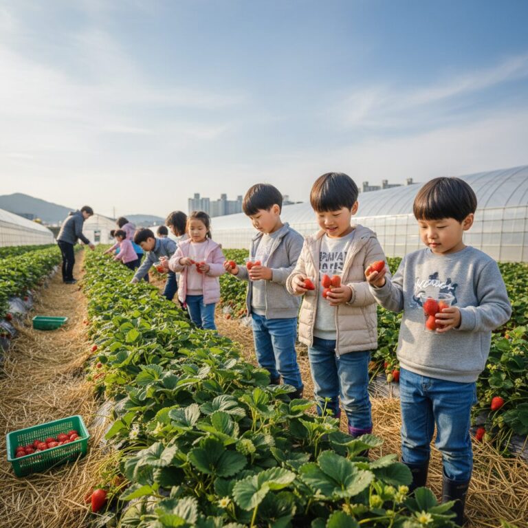 딸기 농장에서 아이들이 컵에 딸기를 따고 있는 모습