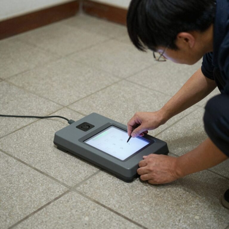 마찰계수 측정기가 바닥 타일 위에서 측정을 진행하고 있는 모습