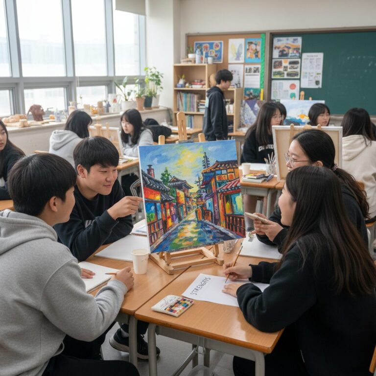 교실에서 학생들이 친구의 그림을 보며 장점을 적어주고 있는 모습