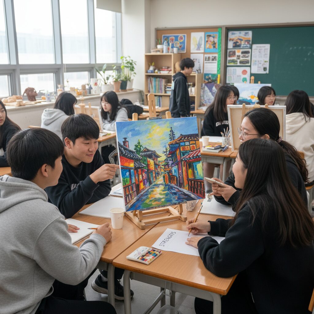 교실에서 학생들이 친구의 그림을 보며 장점을 적어주고 있는 모습