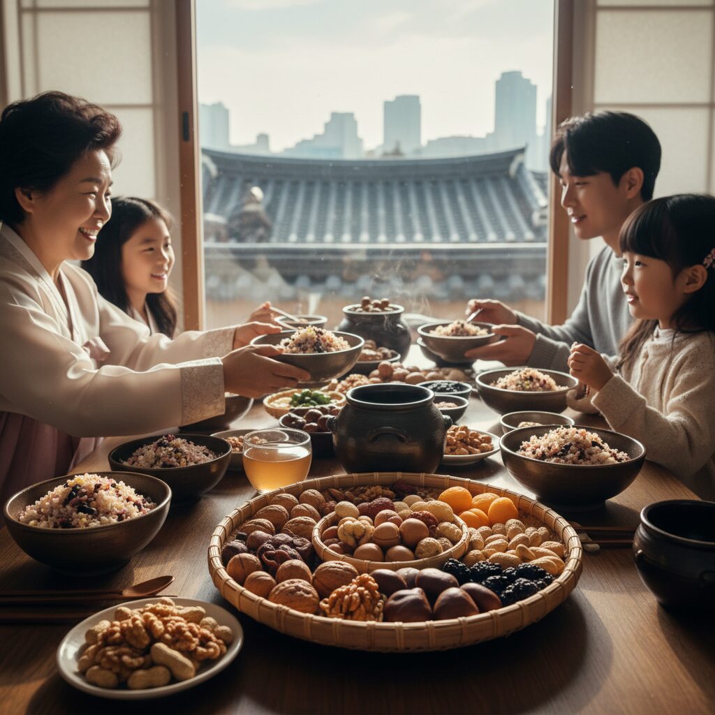 정월대보름 전통 풍습 오곡밥과 부럼을 상징하는 이미지