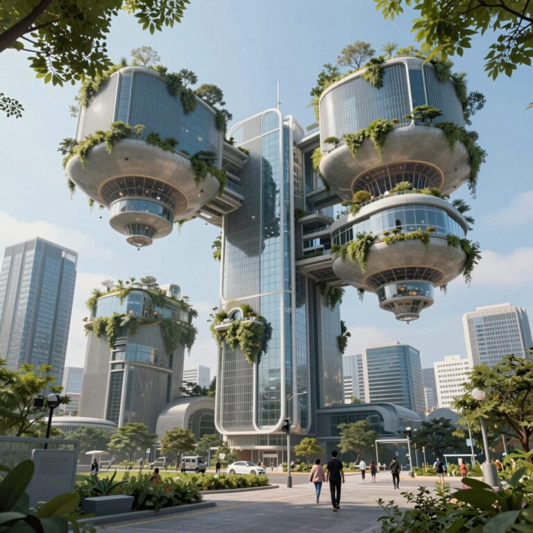 AI가 생성한 미래 도시 풍경으로 기존 건물과 공중부양 구조물이 공존하는 모습