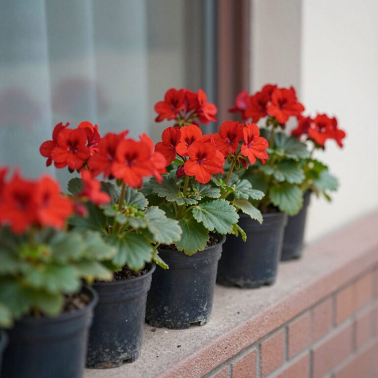 베란다 창가에 놓인 화사한 빨간색 제라늄 화분