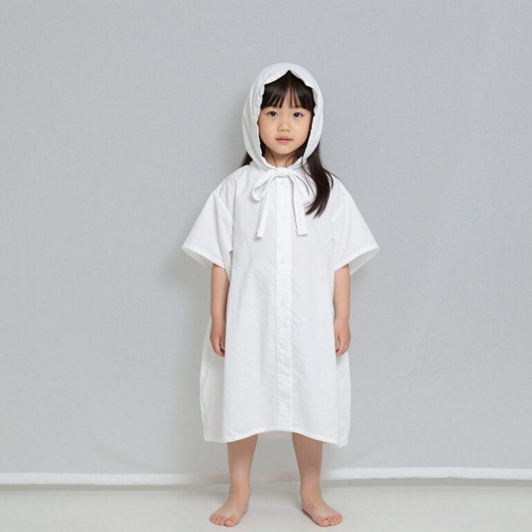 흰색 바람막이를 입은 초등 여아가 바지와 모자로 코디한 모습