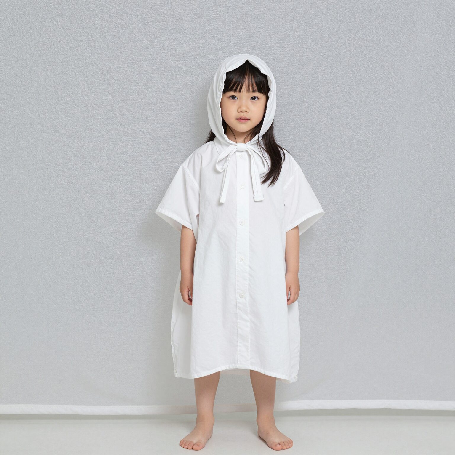 흰색 바람막이를 입은 초등 여아가 바지와 모자로 코디한 모습