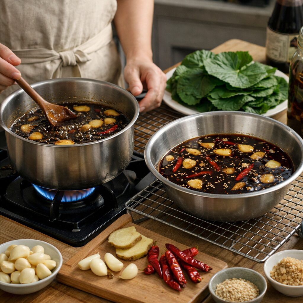 곰취장아찌 간장 양념을 끓이고 식히는 과정
