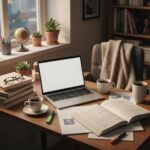 노트북과 책, 커피가 있는 대학원 생의 책상 공부 환경