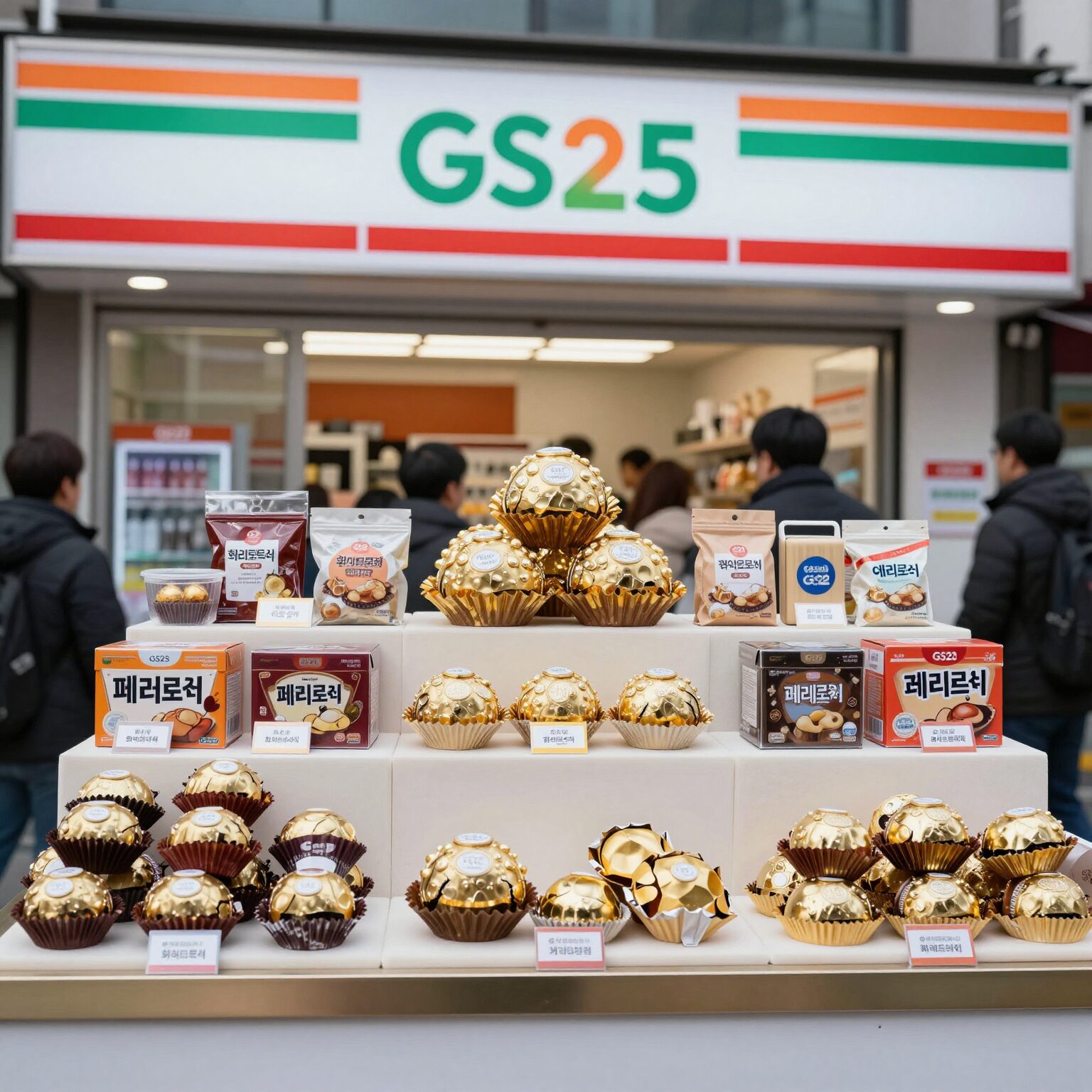 GS25 화이트데이 행사 진열대에 페레로로쉐와 캐치티니핑 상품이 진열되어 있는 모습