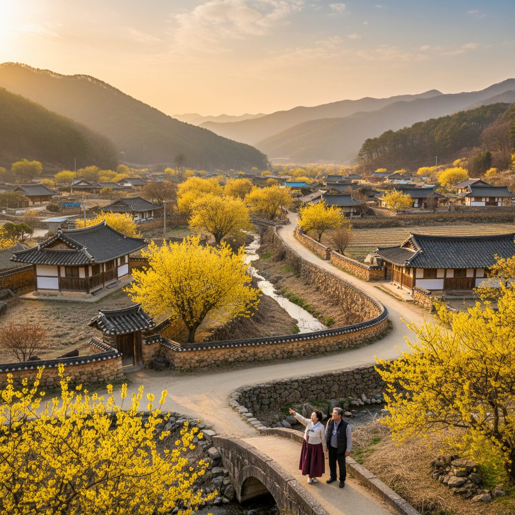 구례 산수유꽃이 노랗게 핀 마을 풍경