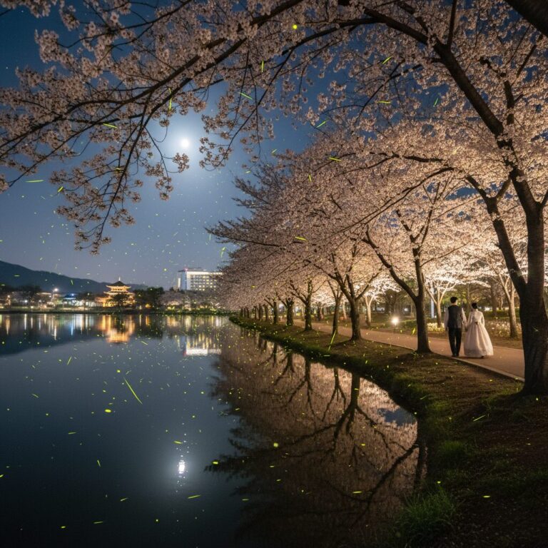 경주 보문호 반딧불이 벚꽃길의 봄 풍경, 호수와 벚나무가 조화를 이룬 장면