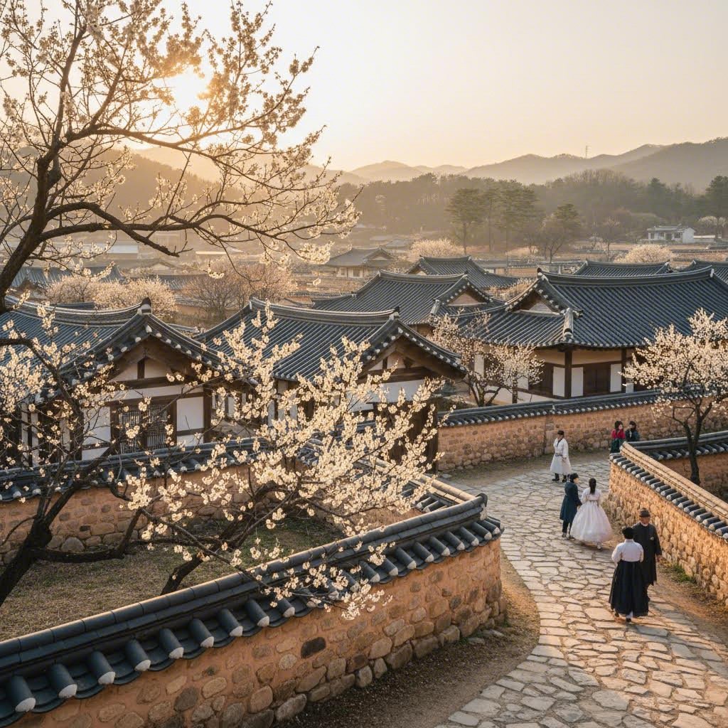 경주 양동마을 전통 한옥 지붕과 담장 너머로 핀 하얀 매화꽃