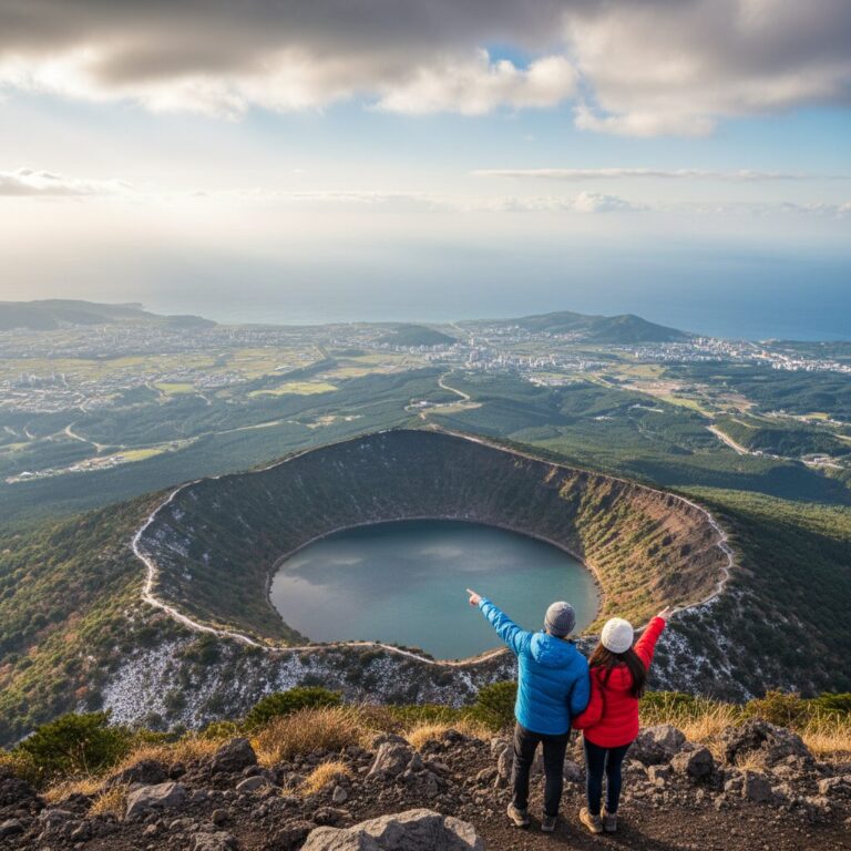 한라산 정상에서 바라본 백록담과 제주도 전경