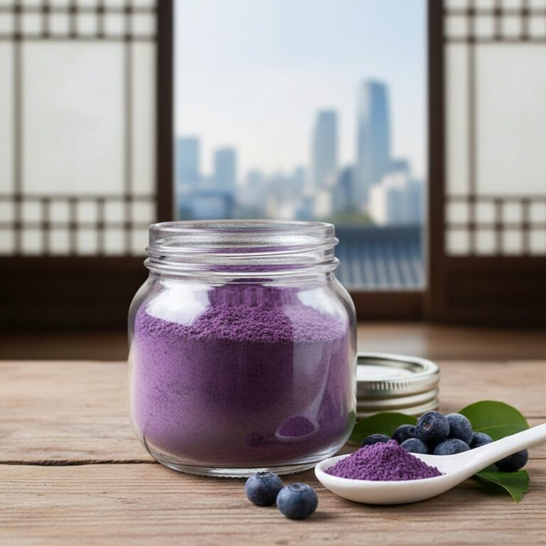 유리병에 담긴 보라색 하스카프베리 분말