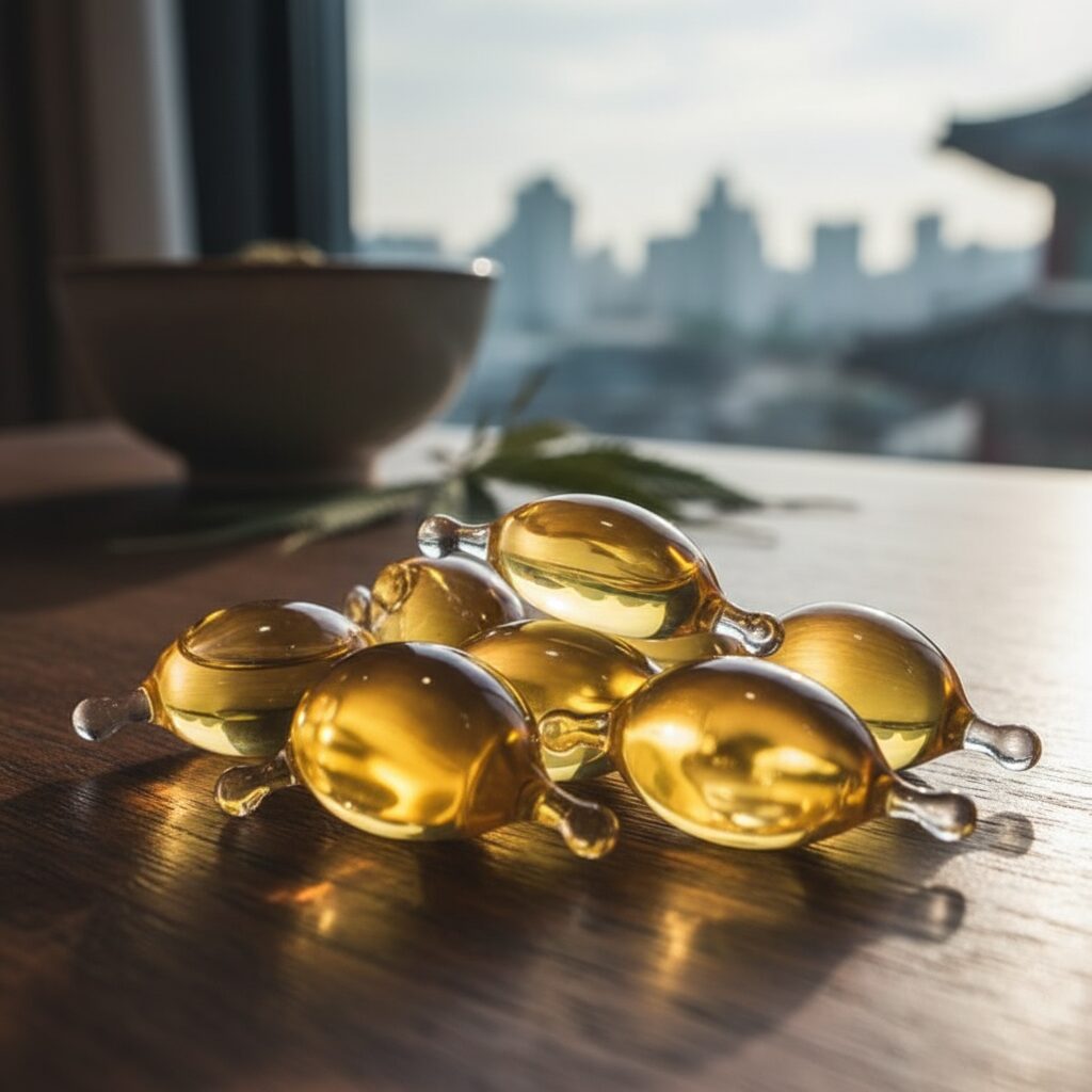 투명한 캡슐에 담긴 황금빛 하이퍼셀 대마종자유