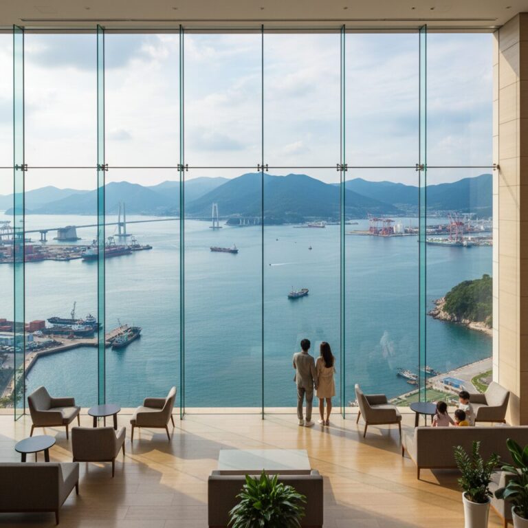 광양 락희호텔 로비에서 바라본 광양만 바다 전경