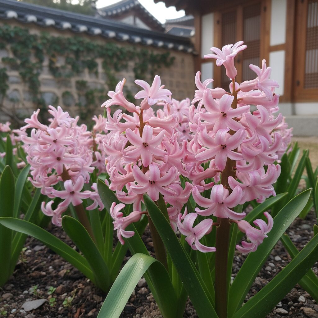 분홍색 히아신스 꽃이 핀 모습, 은은한 색감이 특징