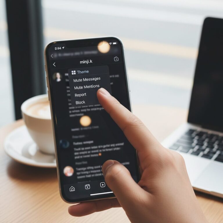 인스타그램 디엠 채팅방에서 상대방 아이디를 눌러 테마 메뉴를 찾는 화면