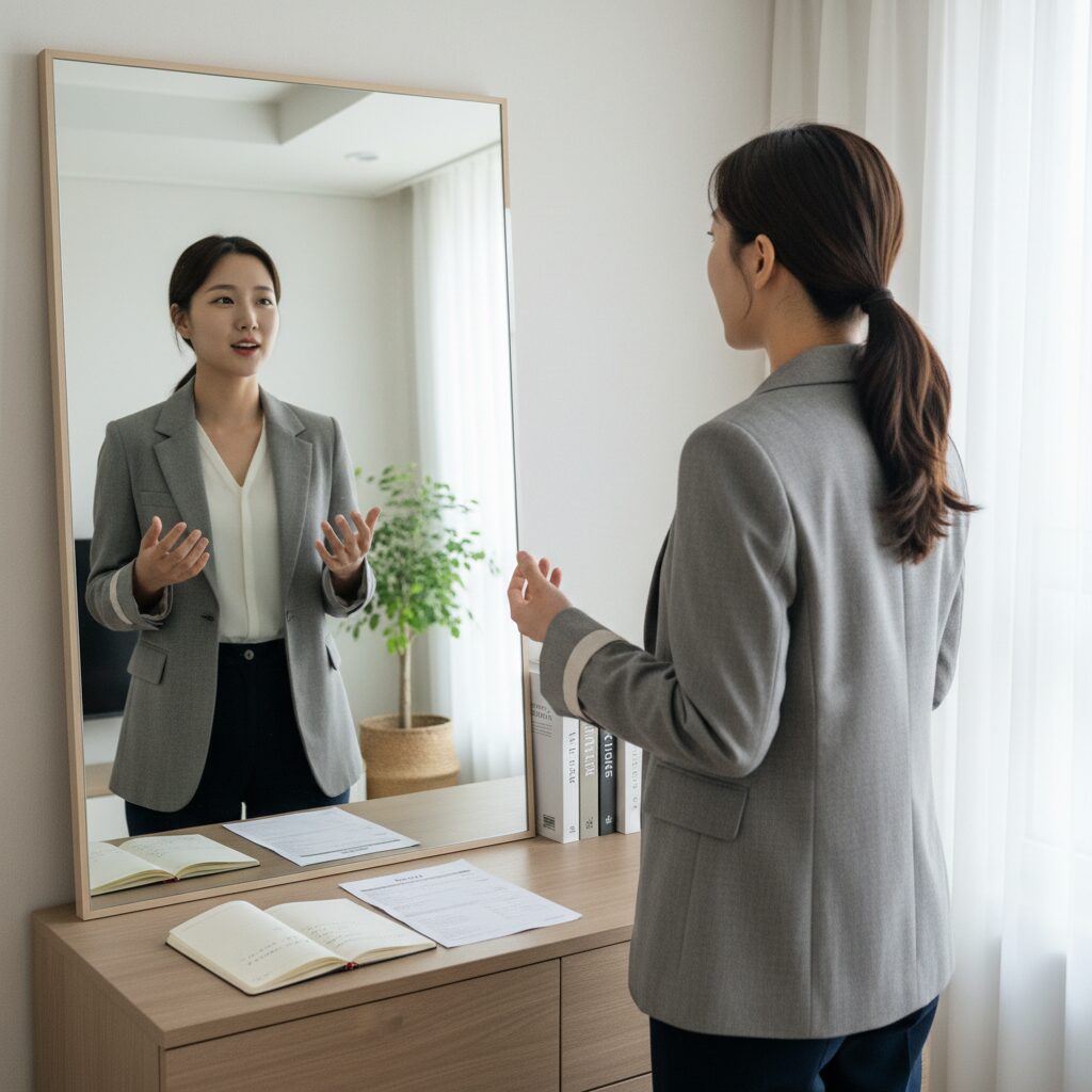 면접 1분 자기소개를 연습하는 여성이 거울을 보며 말하고 있는 모습