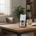 링스탠드 기능으로 아이폰을 탁자 위에 세워놓은 모습