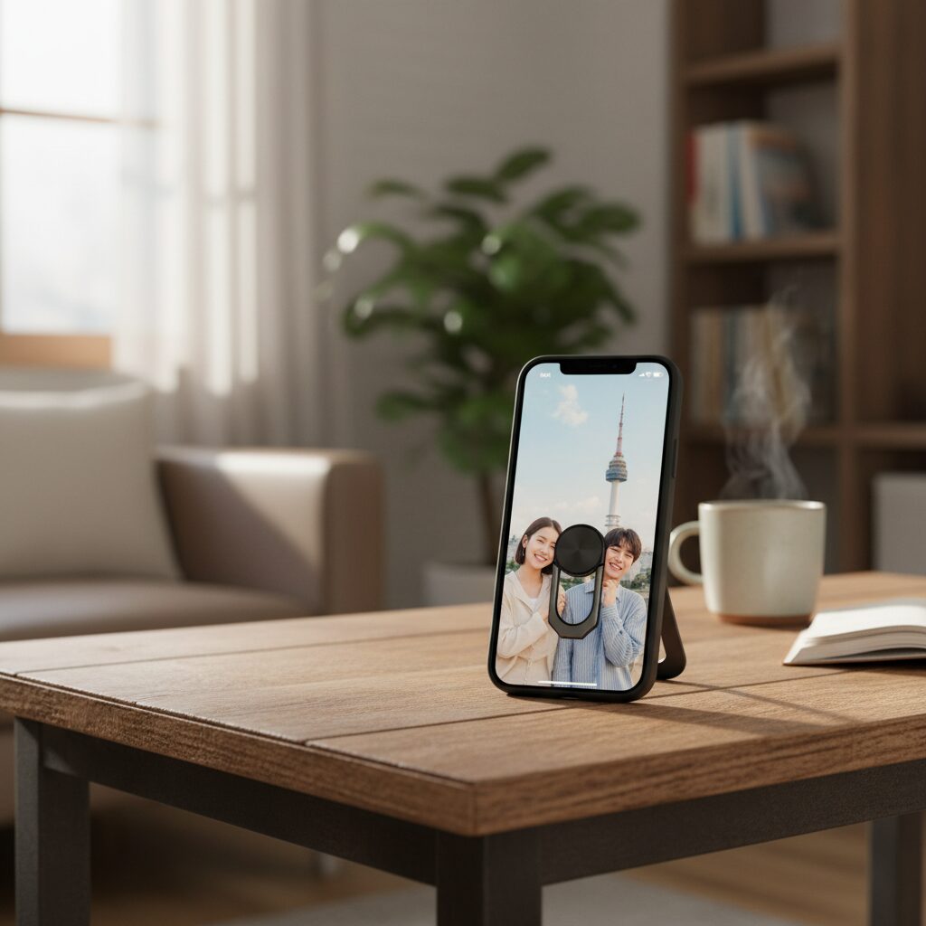 링스탠드 기능으로 아이폰을 탁자 위에 세워놓은 모습