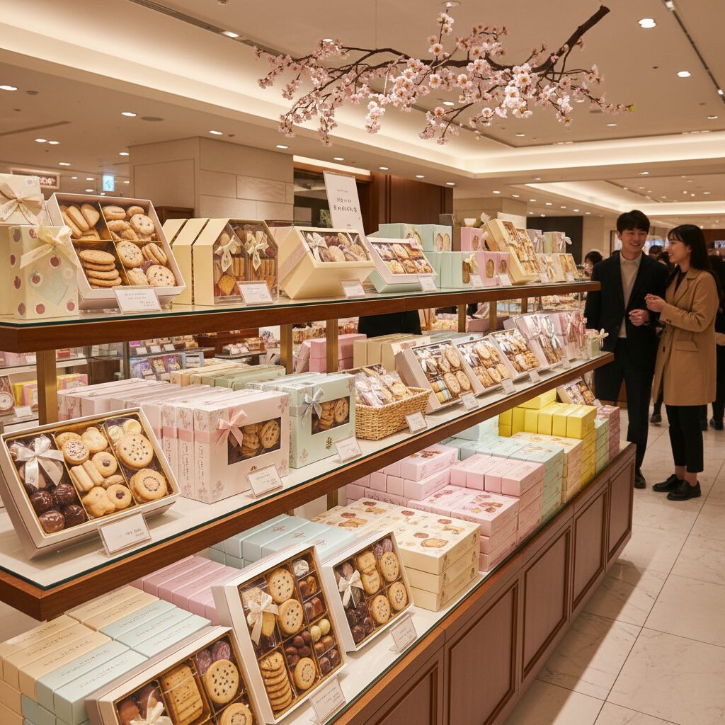 일본 백화점 화이트데이 선물 코너에 진열된 다양한 쿠키와 초콜릿 선물 세트들