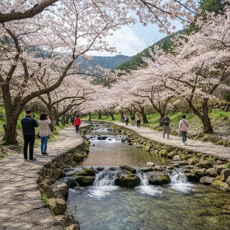 제주 서귀포 예래생태공원 벚꽃길과 계곡 풍경