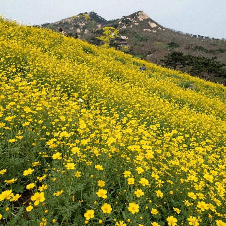 한라산을 배경으로 노란 유채꽃밭이 펼쳐진 휴애리 자연생활공원 풍경