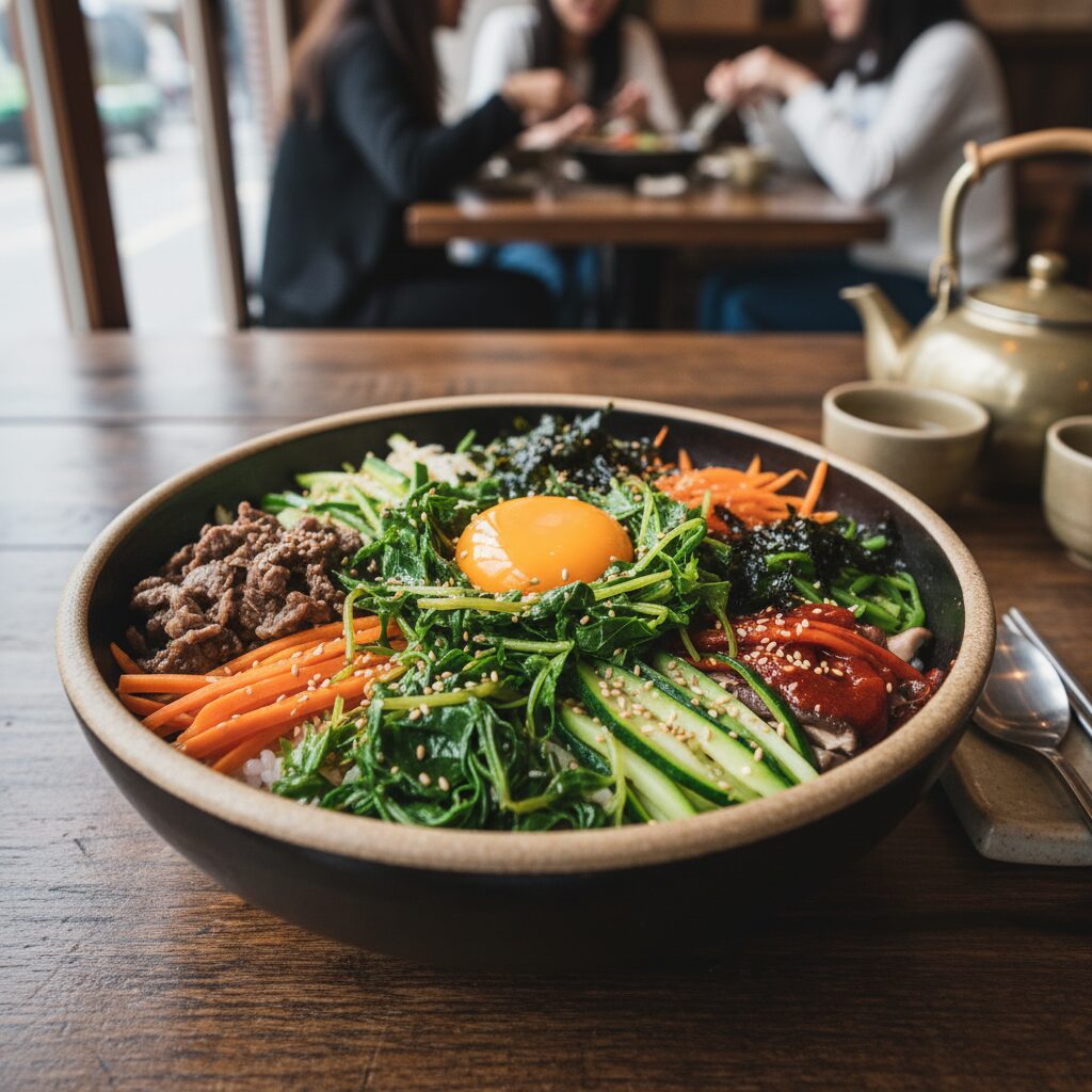 전호나물이 올라간 비빔밥 접시