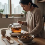 혈당 관리 돼지감자 효능과 건강하게 먹는 법 볶은 돼지감자를 넣고 차를 끓이고 있는 사진