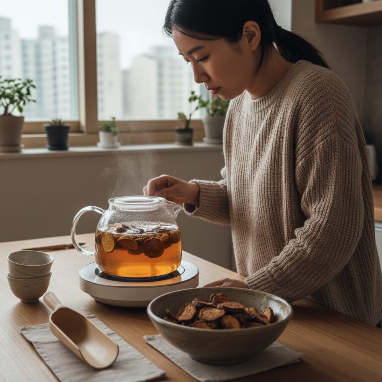 볶은 돼지감자를 넣고 차를 끓이고 있는 사진