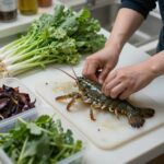 손질된 쭈꾸미와 야채 재료가 준비된 주방 조리대