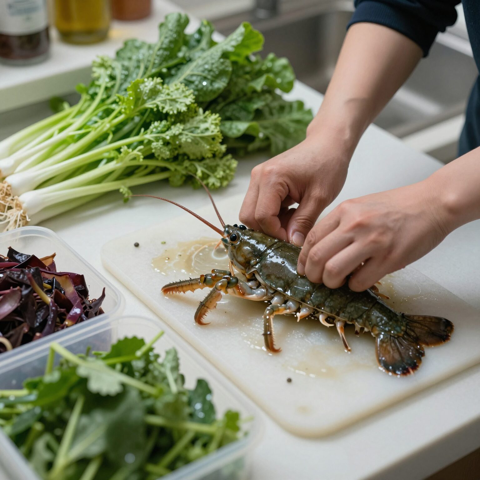 손질된 쭈꾸미와 야채 재료가 준비된 주방 조리대