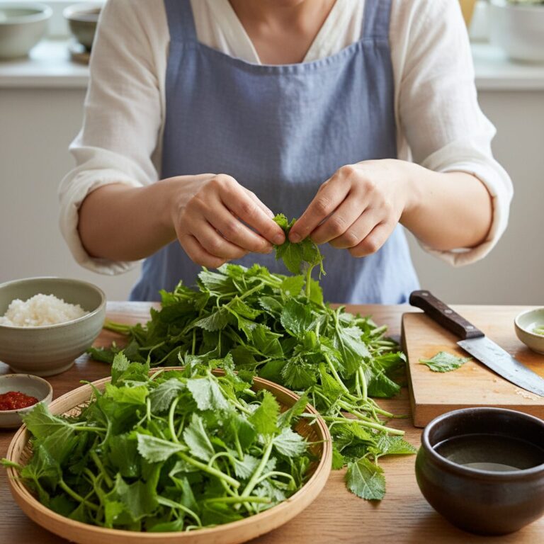 싱싱한 울릉도 전호나물을 손질하는 모습