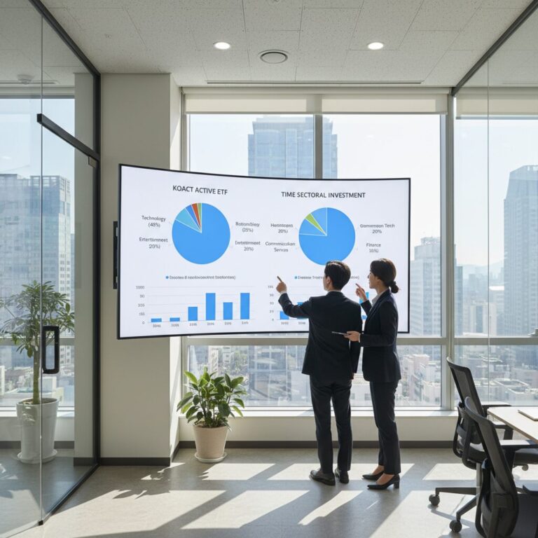 코스닥 액티브 ETF KoAct와 TIME의 섹터별 투자 비중 비교 차트