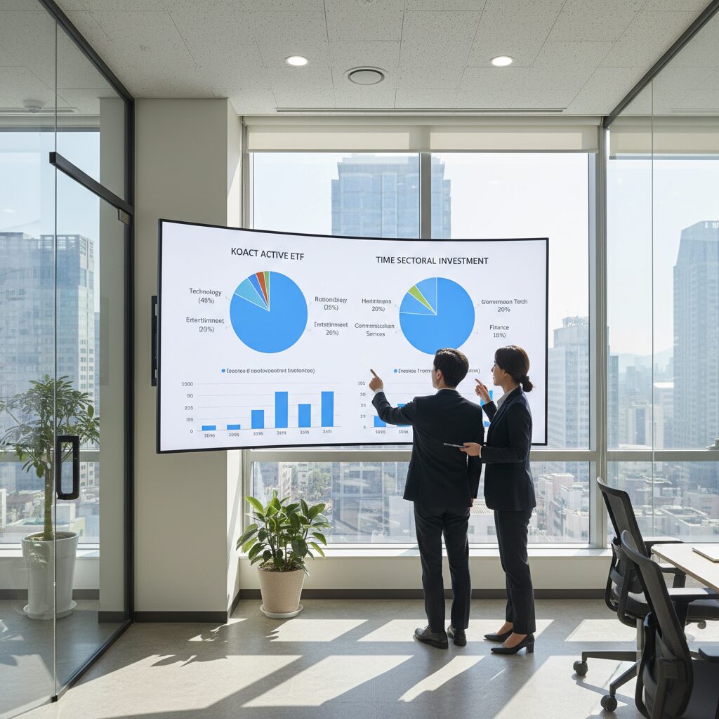 코스닥 액티브 ETF KoAct와 TIME의 섹터별 투자 비중 비교 차트
