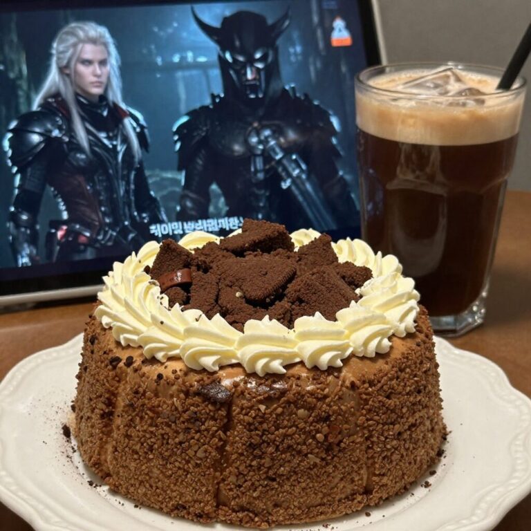 케이팝 데몬 헌터스 콜라보 파운드 케이크를 아메리카노와 함께 즐기는 모습