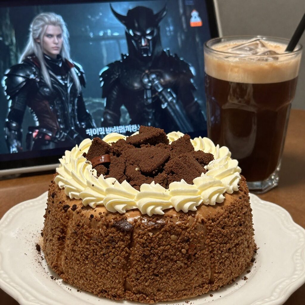 케이팝 데몬 헌터스 콜라보 파운드 케이크를 아메리카노와 함께 즐기는 모습