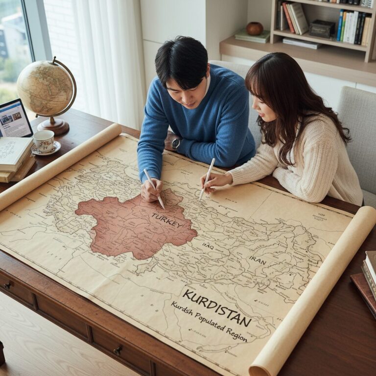 터키 이라크 이란 시리아 국경 지역을 표시한 쿠르드족 거주지역 지도